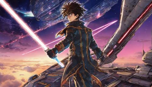 Un pirata spaziale anime che brandisce una spada laser sul ponte della sua nave futuristica con un cielo stellato dietro di lui.