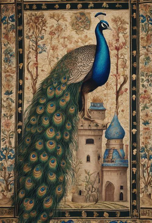 Uma tapeçaria detalhada da Idade Média mostrando um pavão em pé majestosamente perto de um castelo.