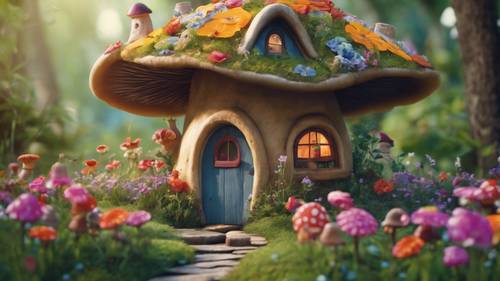 Staromodny, fantazyjny domek z grzybami, prosto z bajki dla dzieci, położony wśród kolorowych kwiatów na końcu krętej ścieżki.