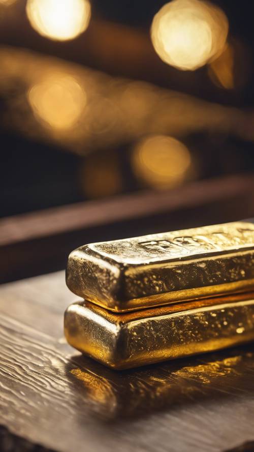 A bar of pure gold next to a bar of pure silver on a wooden table.