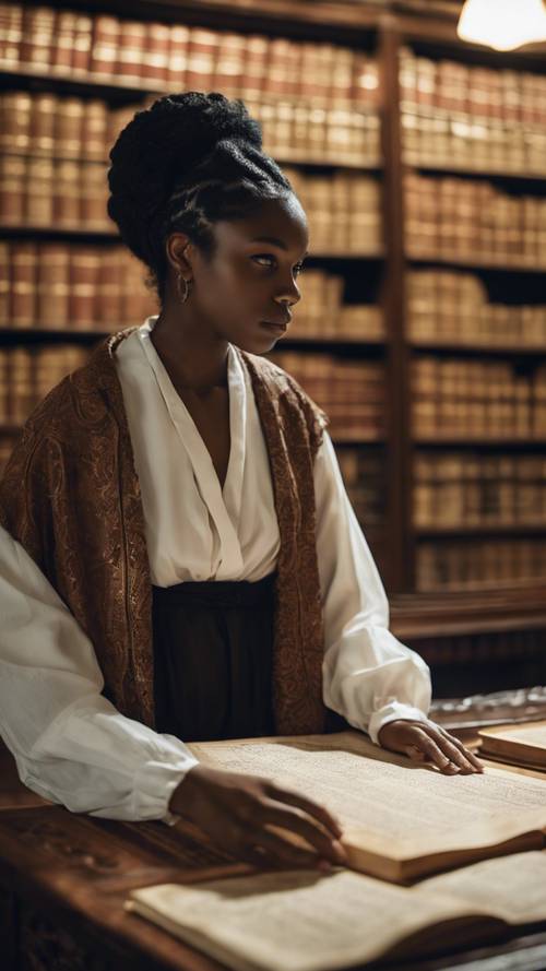 Czarna dziewczyna uważnie analizująca stare rękopisy w bogato zdobionej bibliotece, uosabiająca intelektualną ciekawość.