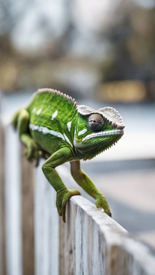 Un primo piano di un camaleonte verde che attraversa un recinto bianco gelido.
