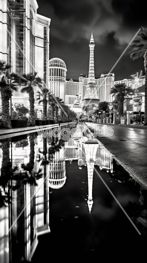 Impressionantes luzes da cidade e reflexo de palmeiras