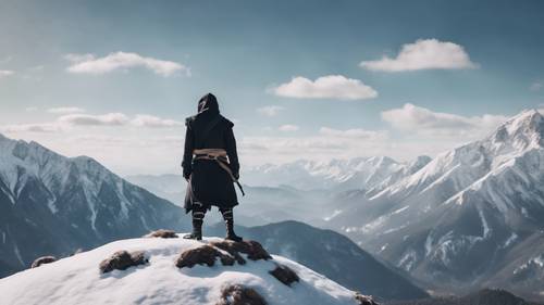 A solitary ninja perched atop a snow-capped mountain, gazing at the horizon. Шпалери [50a923f663714176b382]
