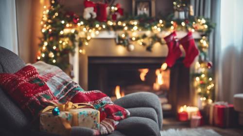 A leisurely Christmas morning in a living room with colorful stockings hung by the fireplace.