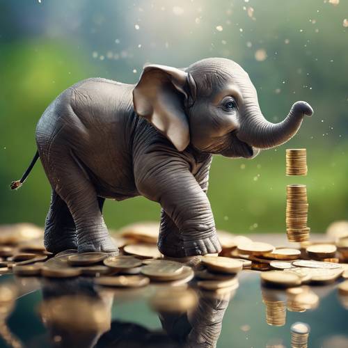 Un bébé éléphant pulvérise joyeusement un jet de pièces de monnaie depuis sa trompe.