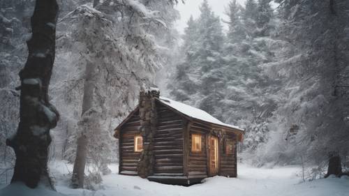 Eine rustikale Hütte im Wald, in die sanft der Schnee fällt. Auf dem Fenster steht in Frostfarbe „Friede ist das Ergebnis der Umschulung Ihres Geistes, das Leben so zu verarbeiten, wie es ist, und nicht so, wie Sie denken, dass es sein sollte“.