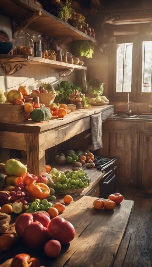 A sunlit kitchen with ripe fruits and vegetables neatly arranged on a rustic wooden table Wallpaper [66cfad953ce44dab9fc0]