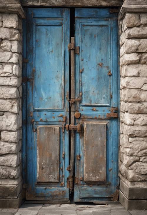 An old closed door with blue grunge details.