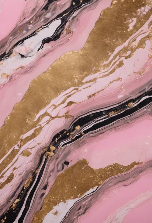 งานศิลปะลายหินอ่อนที่ดูดุดันและมีแถบสีทองเป็นเส้นหนาบนพื้นผิวสีชมพู