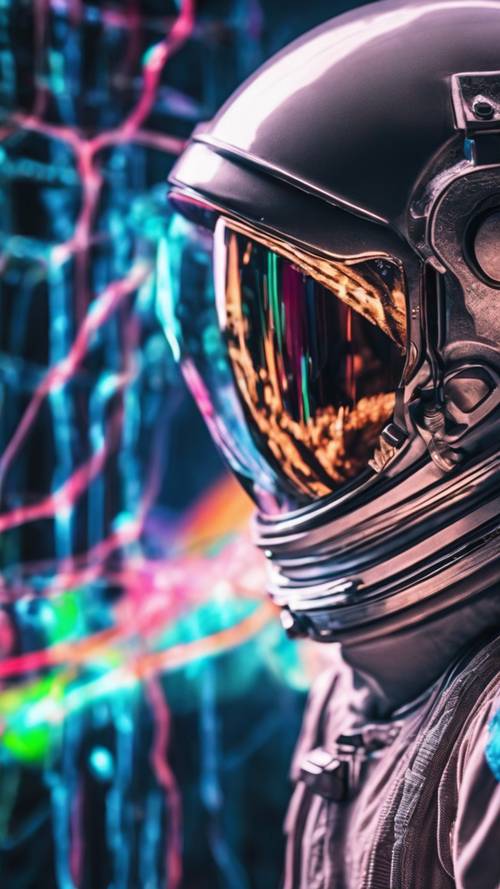 Astronauta w holograficznym skafandrze kosmicznym z neonowymi liniami przecinającymi pustkę kosmosu.