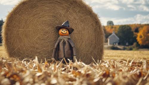 Rustic fall scene with a bale of hay and a scarecrow. Tapet [5b7b263156d748f789b4]