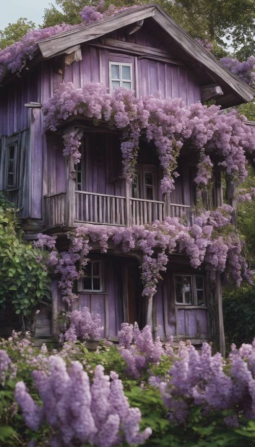 An old wooden house surrounded by luscious lilac bushes.