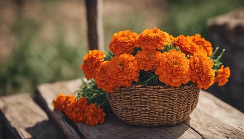 Dazzling vibrant orange marigold flowers bunched up in a rustic woven basket.