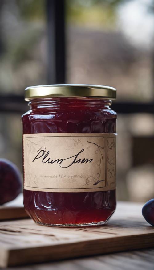 A glass jar of homemade plum jam with a handwritten label.