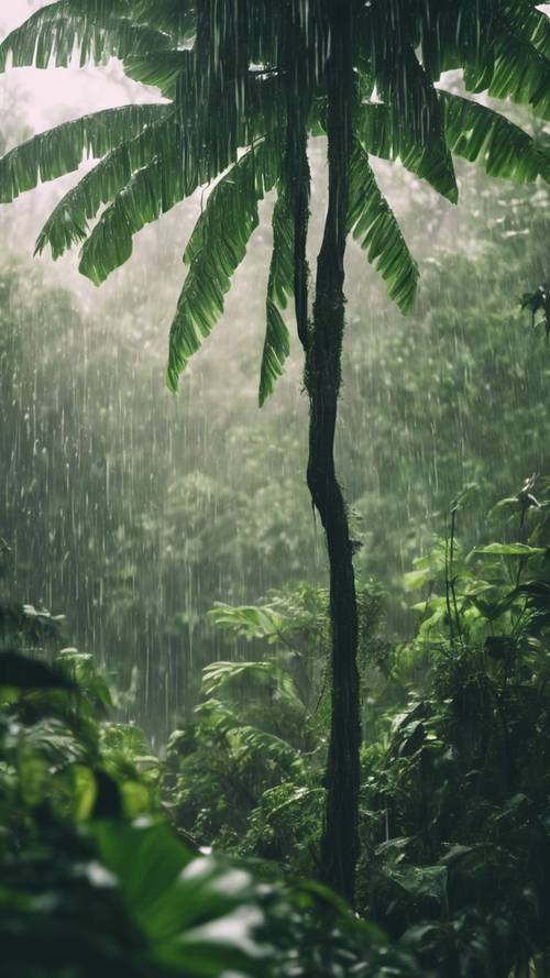 Пышный зеленый лес, залитый тропическим ливнем.
