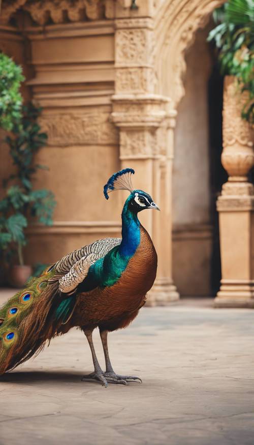 An exotic tan peacock flaunting its majestic, colorful tail in a royal courtyard in India.