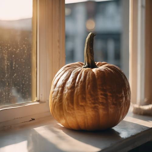 A view of an aesthetically pleasing pumpkin situated sitting on a windowsill in golden morning light