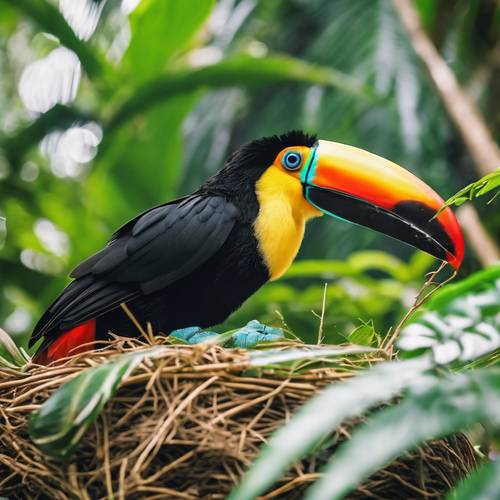 아마존 열대우림 중심부의 큰 둥지에서 쉬고 있는 네온 녹색 큰부리새의 보기 드문 광경을 포착해 보세요.