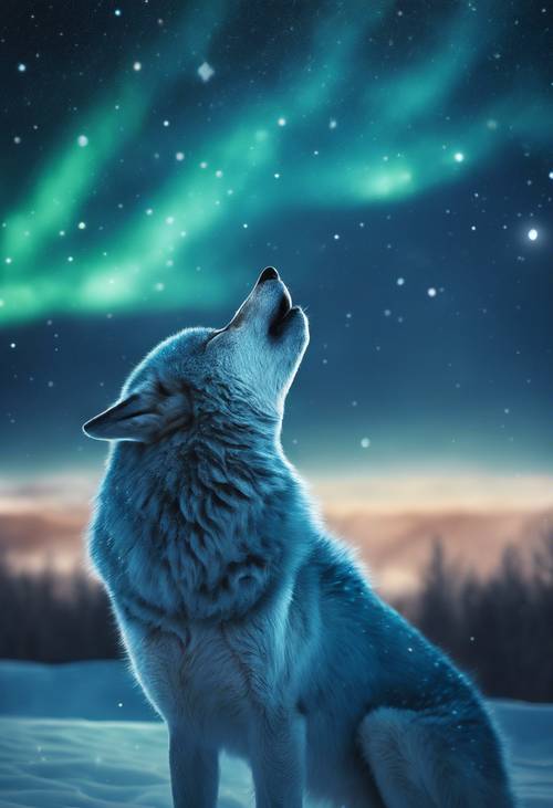 A blue wolf howling passionately towards the northern lights in a starry night sky. Wallpaper [643614138d78481b9a5a]