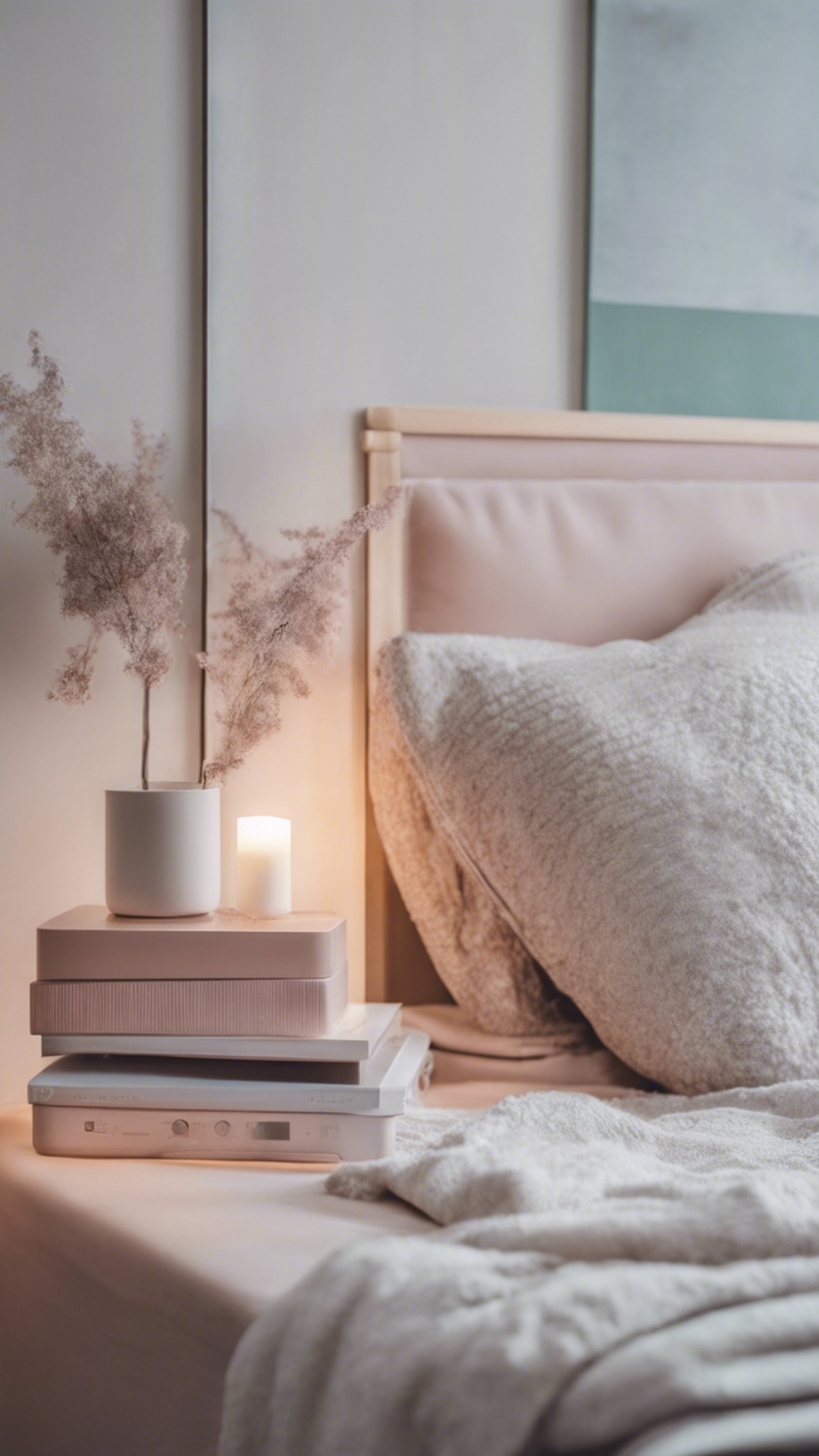 A modern minimalist bedroom in pastel hues with cozy blankets and a stylish bedside table. Hintergrund[e12df14007a0419d89d8]