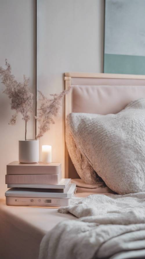 A modern minimalist bedroom in pastel hues with cozy blankets and a stylish bedside table.