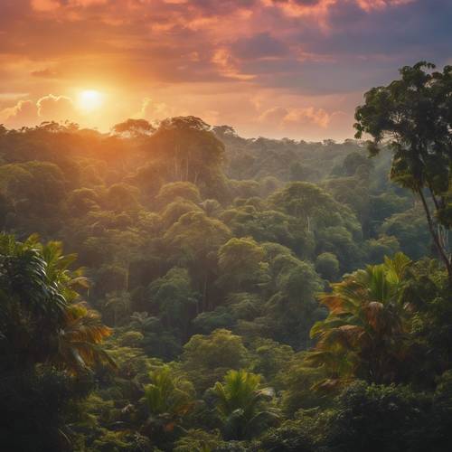 O sol poente transformando o céu em uma explosão de cores sobre uma floresta tropical mística.