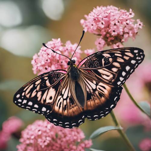 생동감 넘치는 분홍색 꽃 위에 앉아 복잡하고 검은 무늬의 날개를 가진 아름다운 황갈색 나비입니다.