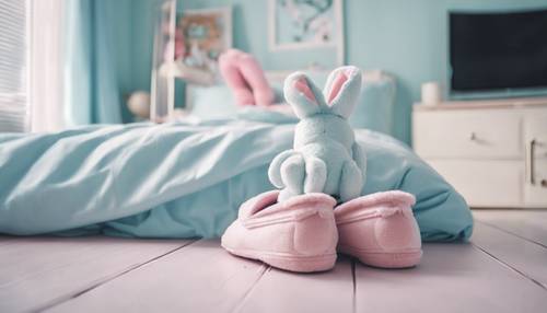 A cute preppy bedroom, with light blue pastel bedding and kawaii bunny slippers on the floor