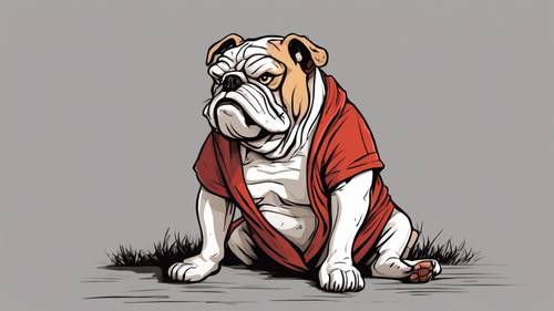 卡通画：一只脾气暴躁的斗牛犬，固执地拒绝散步，皱着眉头、交叉双臂坐着。