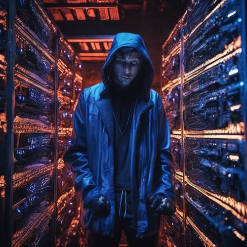 An underground hacker in a den filled with computer servers, bathed in intense blue light, preparing for a major hack.