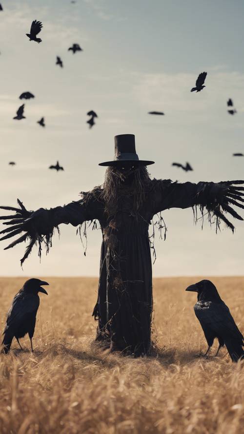 A group of black ravens gathered around a scarecrow in a barren field during Halloween.