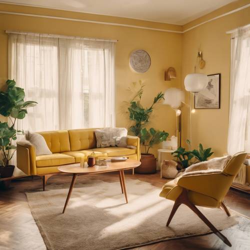 غرفة معيشة حديثة تعود إلى منتصف القرن مع جدران صفراء فاتحة وأثاث قديم.