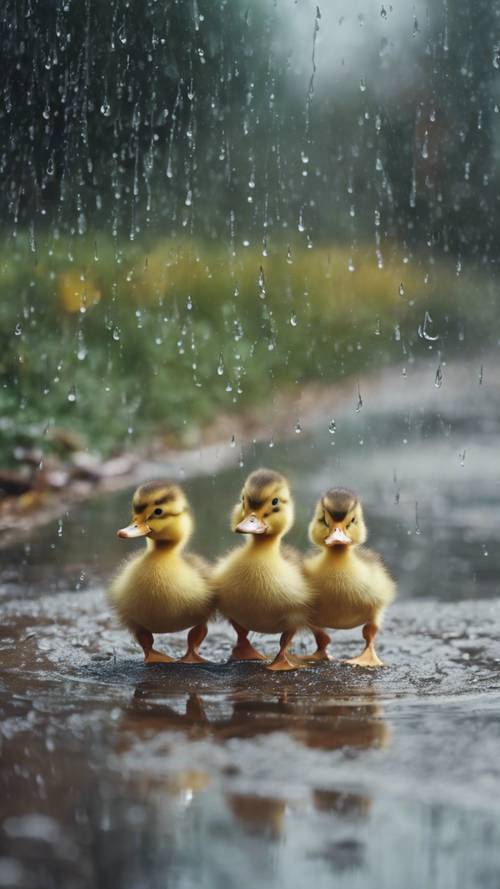 A group of lively ducklings are playing around in a clear puddle under the gentle rain.