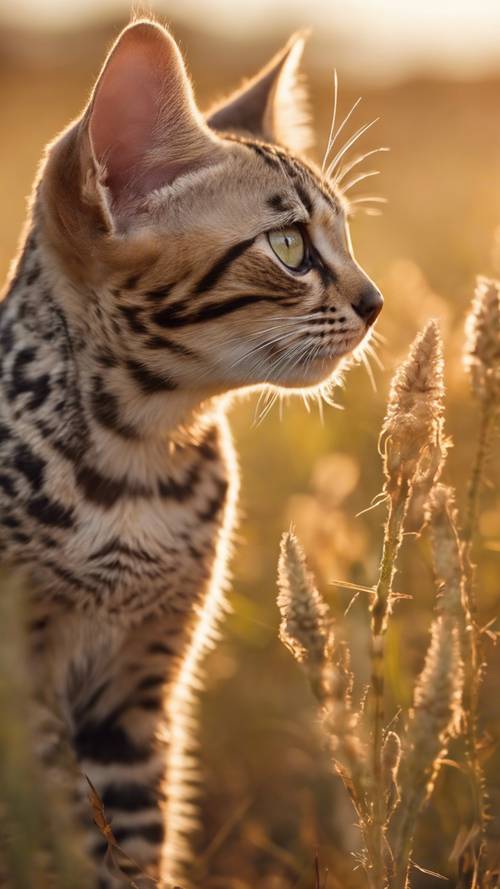 Un gattino della savana che insegue furtivamente una farfalla colorata in una prateria africana, sotto le sfumature dorate di un&#39;alba precoce.