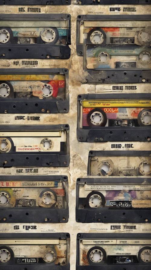 Grunge esintili bir desen için yıpranmış kaset bantlarından ve eski grup posterlerinden oluşan tekrarlanan bir motif.