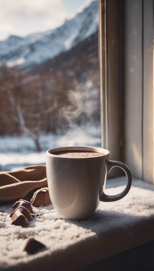 A steaming mug of hot chocolate beside a window revealing a snowy landscape.