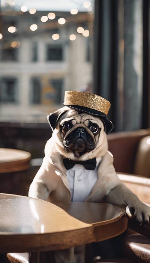 Seekor anjing pug menggemaskan yang mengenakan topi dan kacamata mewah, duduk di kafe canggih.