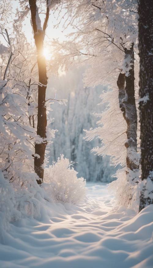 A beautiful white snow-covered landscape bathed in the soft light of dawn.