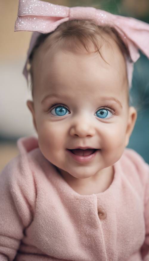 반짝이는 파란 눈을 가진 귀여운 여자 아기가 머리에 분홍색 리본을 달고 낄낄거립니다.