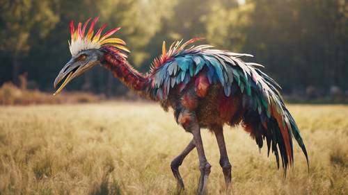 A Struthiomimus with colorful feathers prancing around in an open meadow.