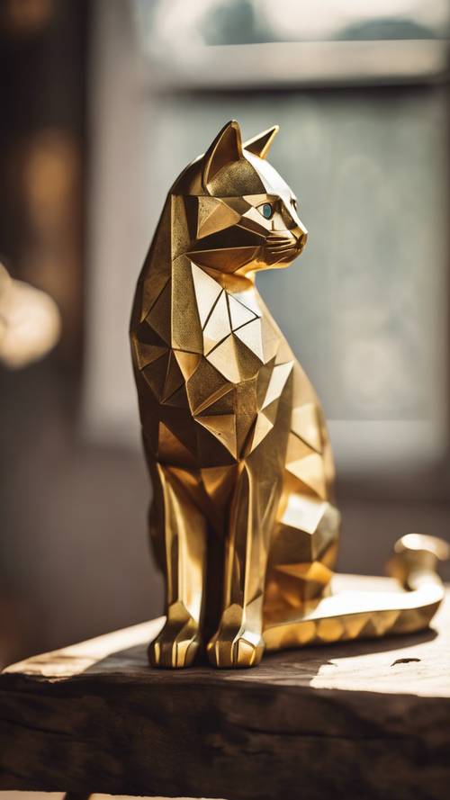 Eine glänzende, goldene Katze mit geometrischen Formen, die auf einem Vintage-Holztisch sitzt.