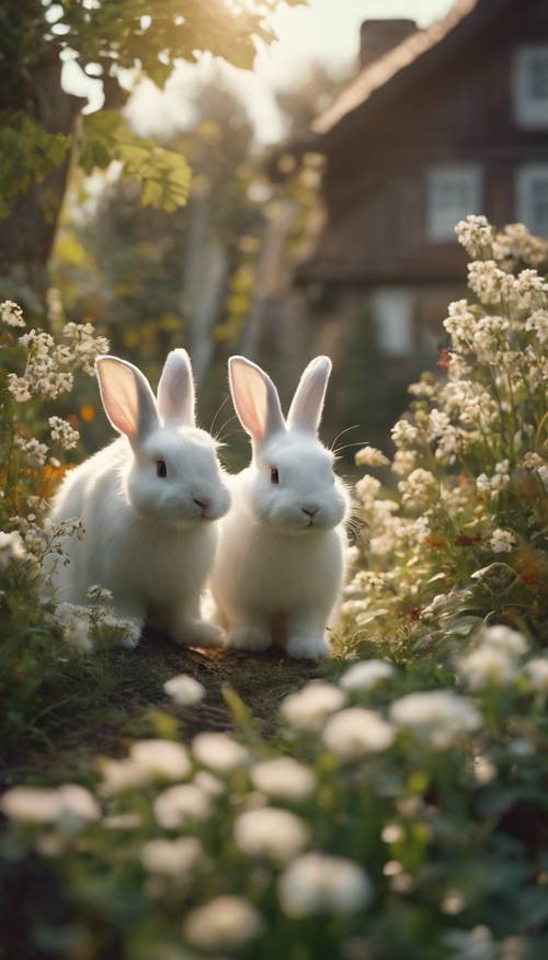 A delicate and enchanting scene featuring two white rabbits hopping around in a thriving cottage garden".