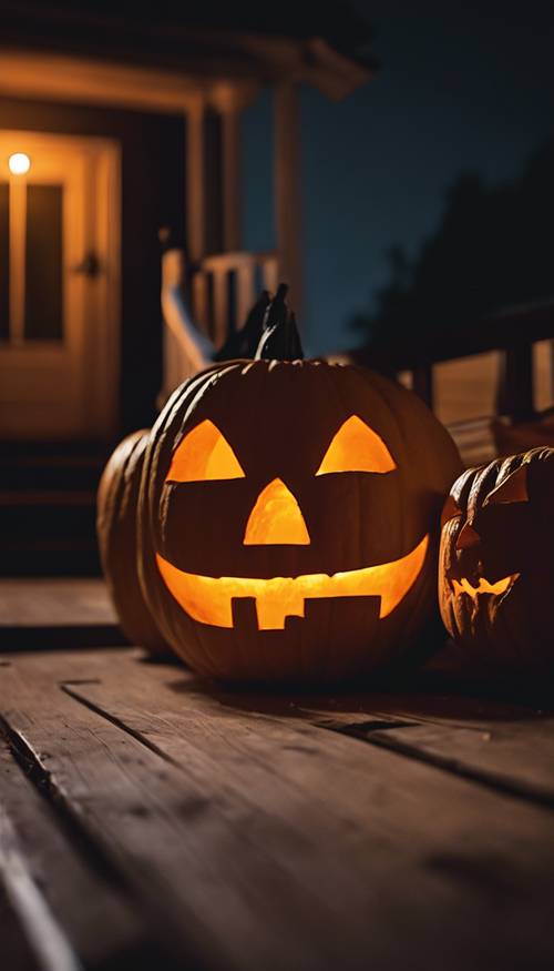 Jack-o'-lanterns lined up on the porch, illuminating the darkness of a Halloween night. Тапет [d2bbf1839fdd45c18dd9]