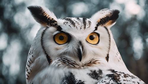 A close up of a white owl with golden eyes piercing through the twilight. Wallpaper [e4973345571b4ae0883d]