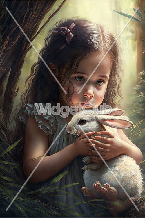 Kleines Mädchen hält ein Kaninchen in der Natur
