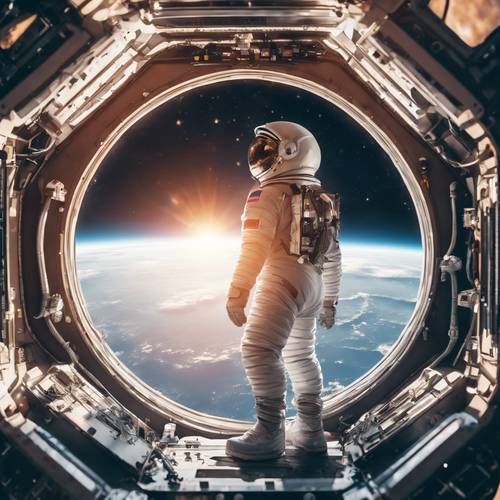 Ein Astronaut beobachtet von der Raumstation aus einen strahlenden Sonnenaufgang über dem Horizont der Erde. Hintergrund [a88fe4e22e054cb2a939]