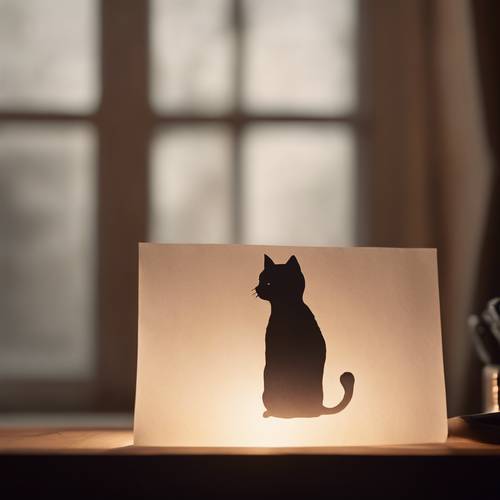 Siluet seekor kucing yang digambar di atas kertas putih yang diterangi oleh cahaya api yang nyaman.