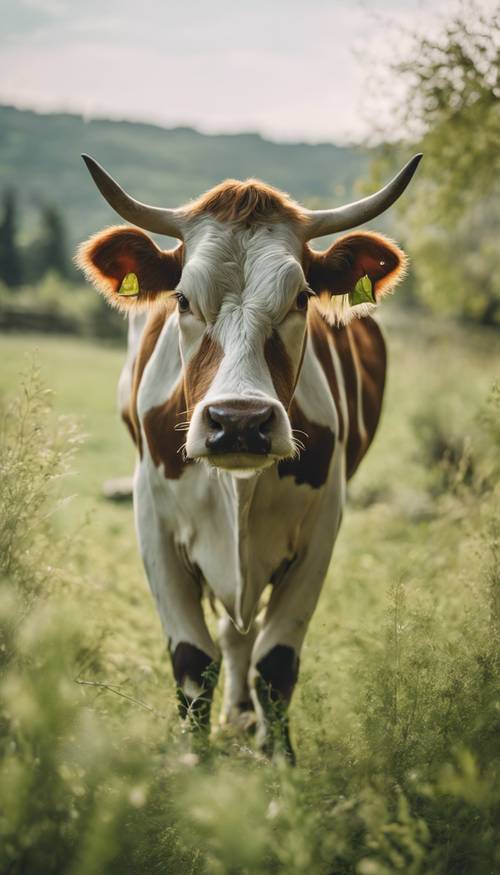 对经典田园艺术的一种诠释，在简单的草地背景上有一头带有橄榄绿色斑点的奶牛。