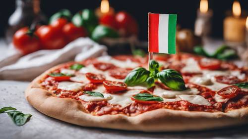 美味的玛格丽特披萨以意大利国旗的鲜艳色彩装饰——绿罗勒、白马苏里拉奶酪和红番茄。